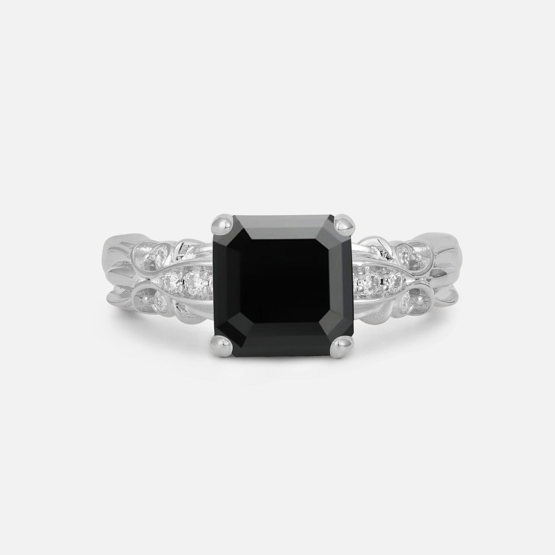 Emerald Cut Black Onyx Engagement Ring with Floral Vine Side Stones - Additional view