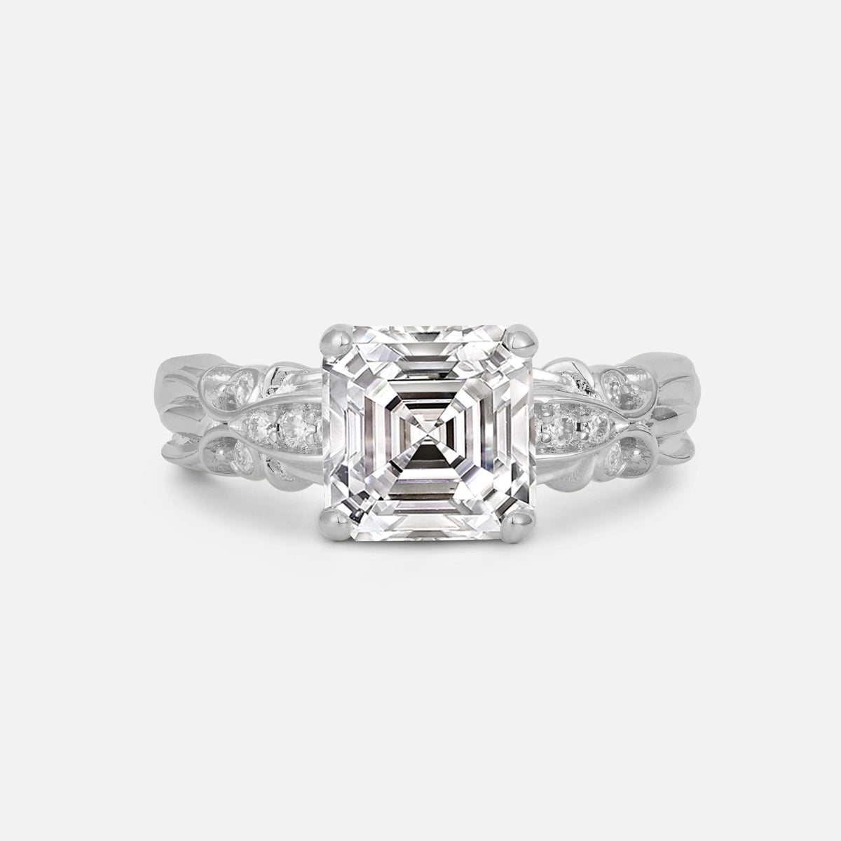 Emerald Cut Lab Diamond Engagement Ring with Floral Vine Side Stones - Additional view