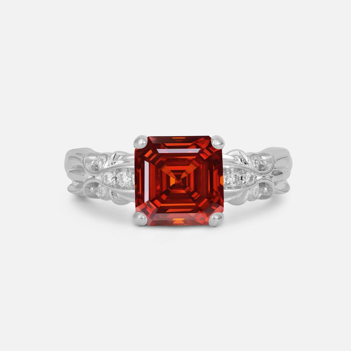 Emerald Cut Garnet Engagement Ring with Floral Vine Side Stones - Additional view