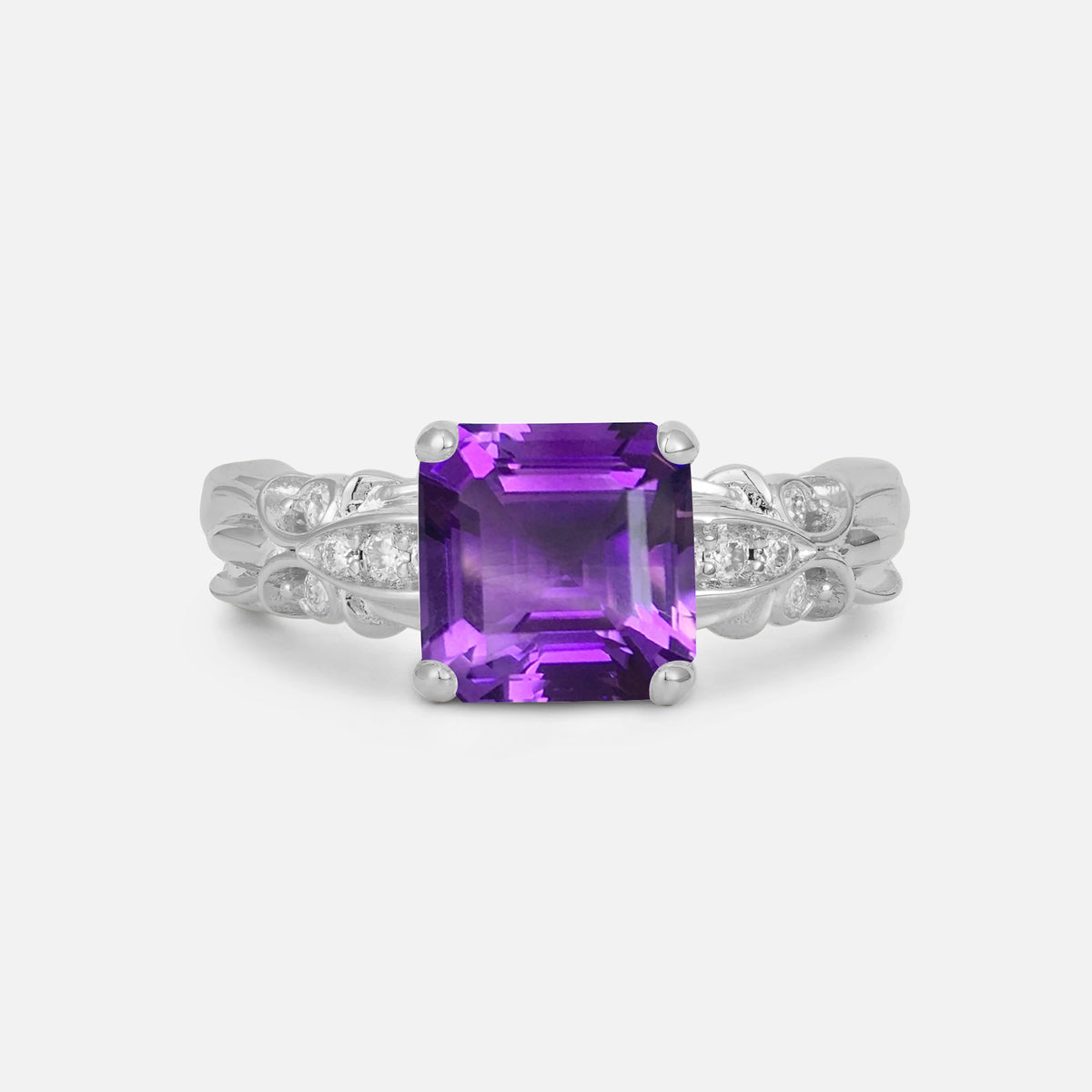Emerald Cut Amethyst Engagement Ring with Floral Vine Side Stones - Additional view