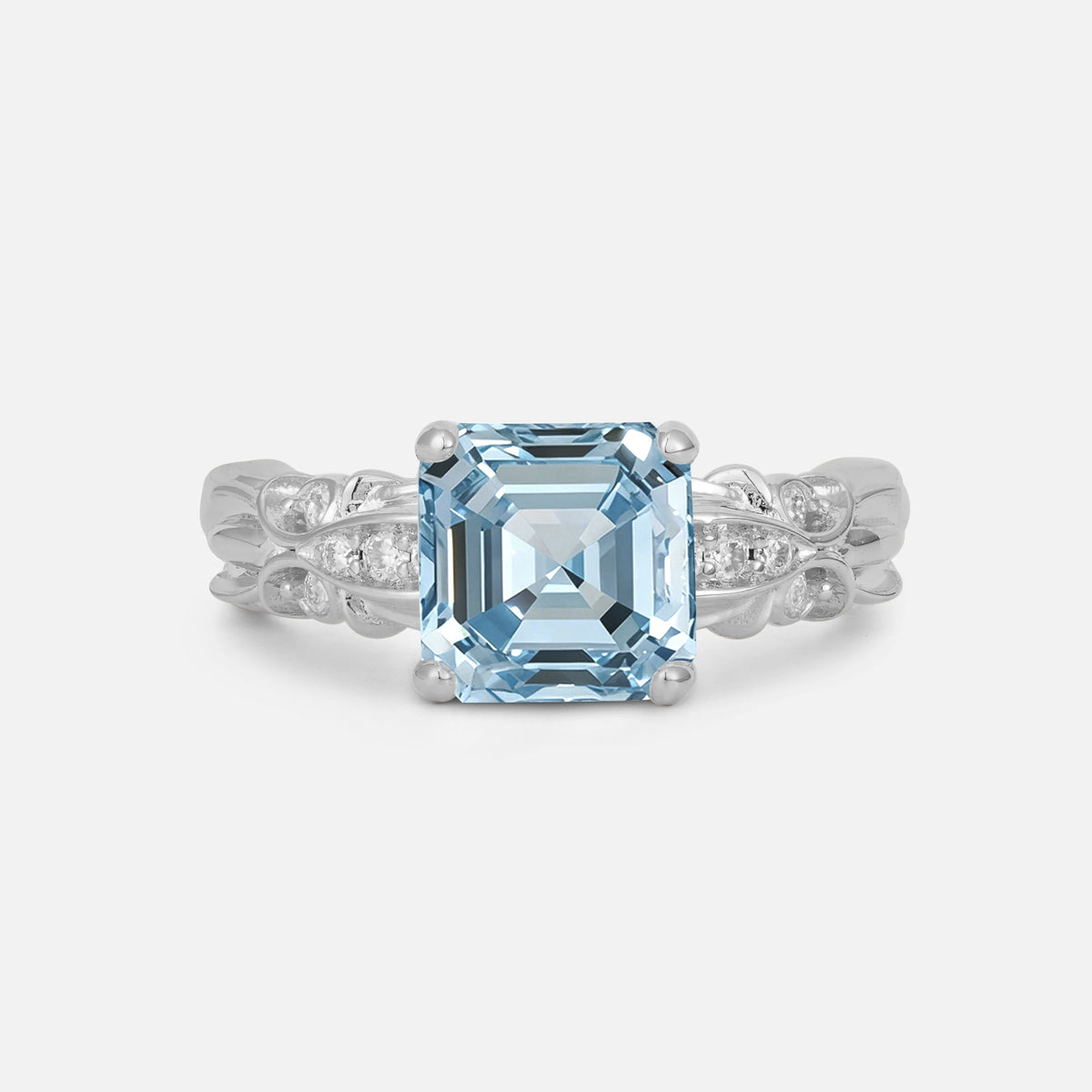 Emerald Cut Aquamarine Engagement Ring with Floral Vine Side Stones - Additional view