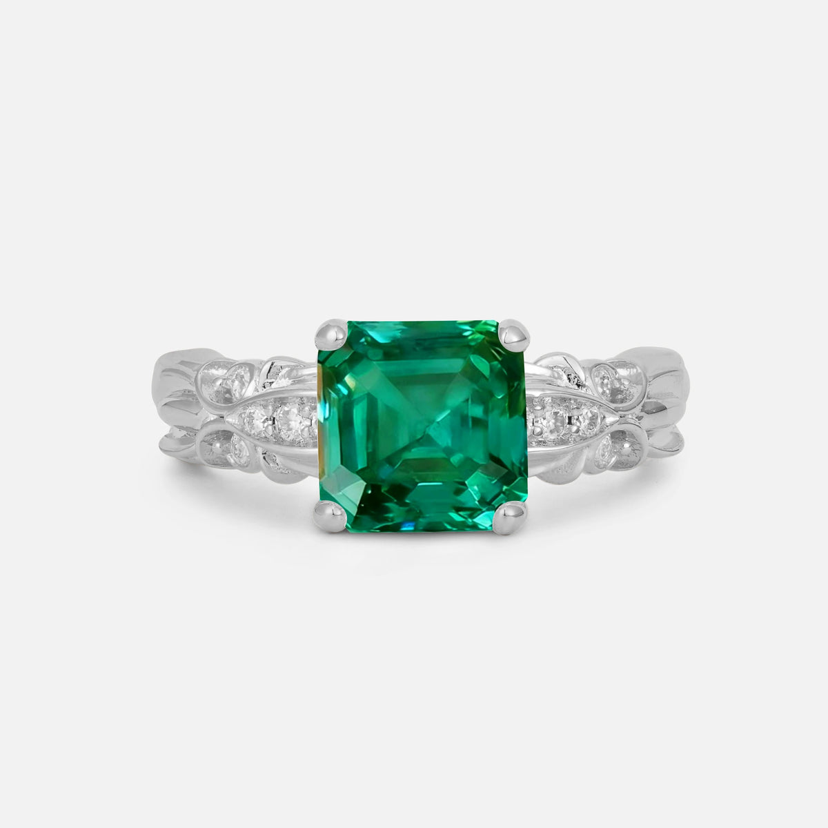 Emerald Cut Emerald Engagement Ring with Floral Vine Side Stones - Additional view