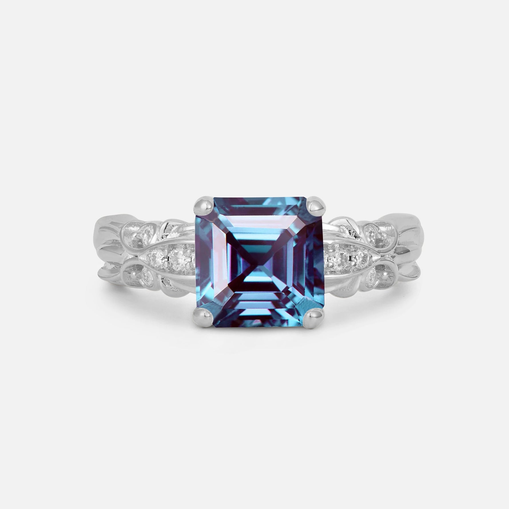 Emerald Cut Alexandrite Engagement Ring with Floral Vine Side Stones - Additional view