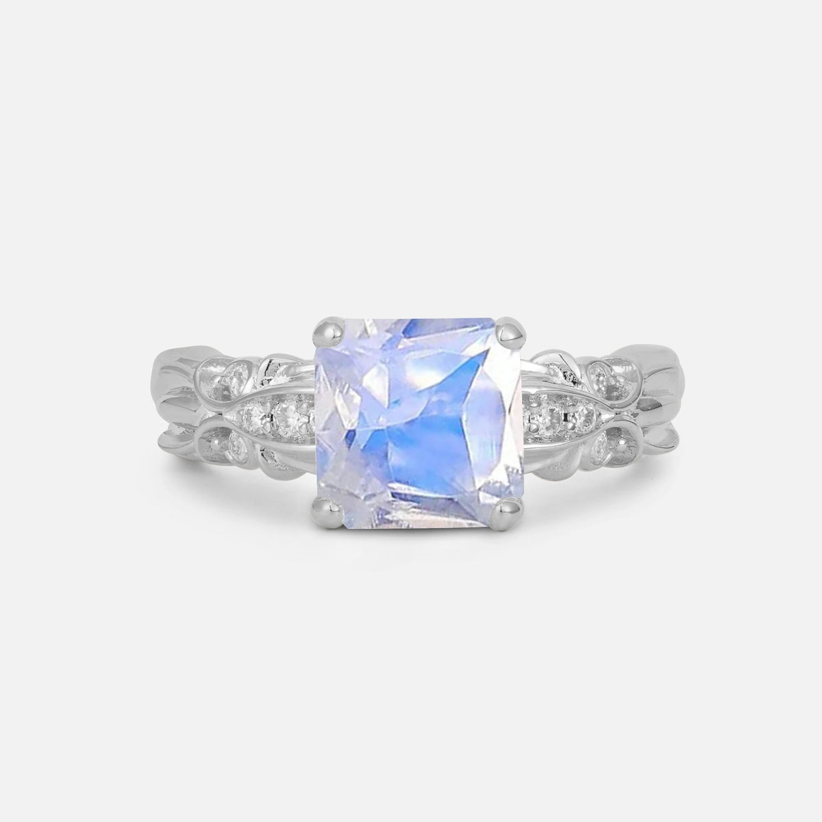 Emerald Cut Moonstone Engagement Ring with Floral Vine Side Stones - Additional view