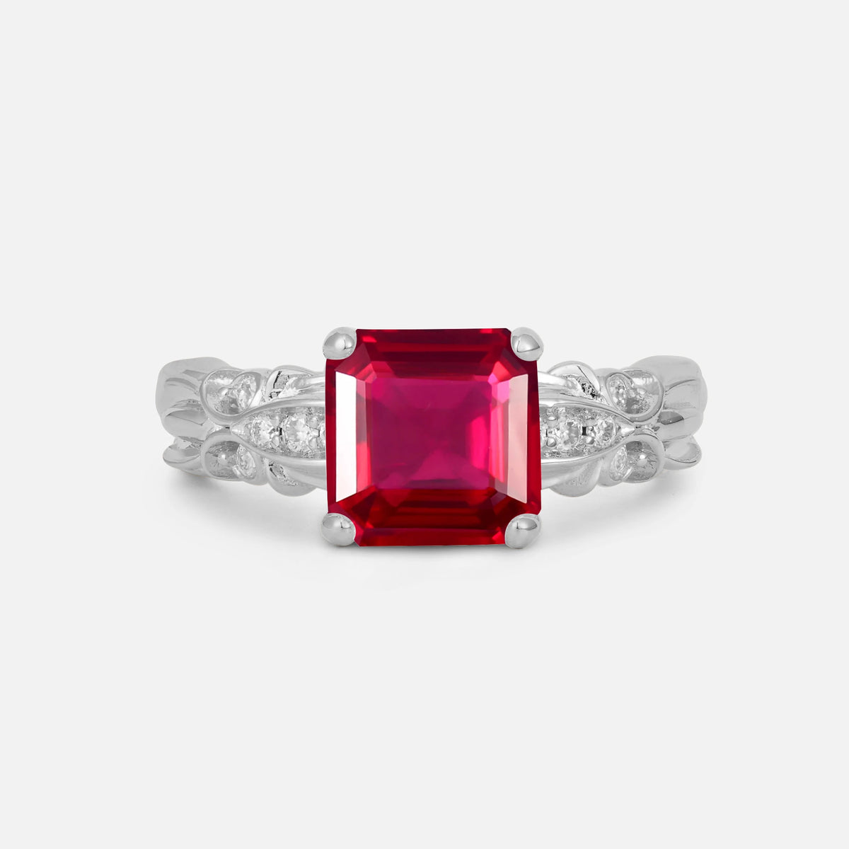 Emerald Cut Ruby Engagement Ring with Floral Vine Side Stones - Additional view