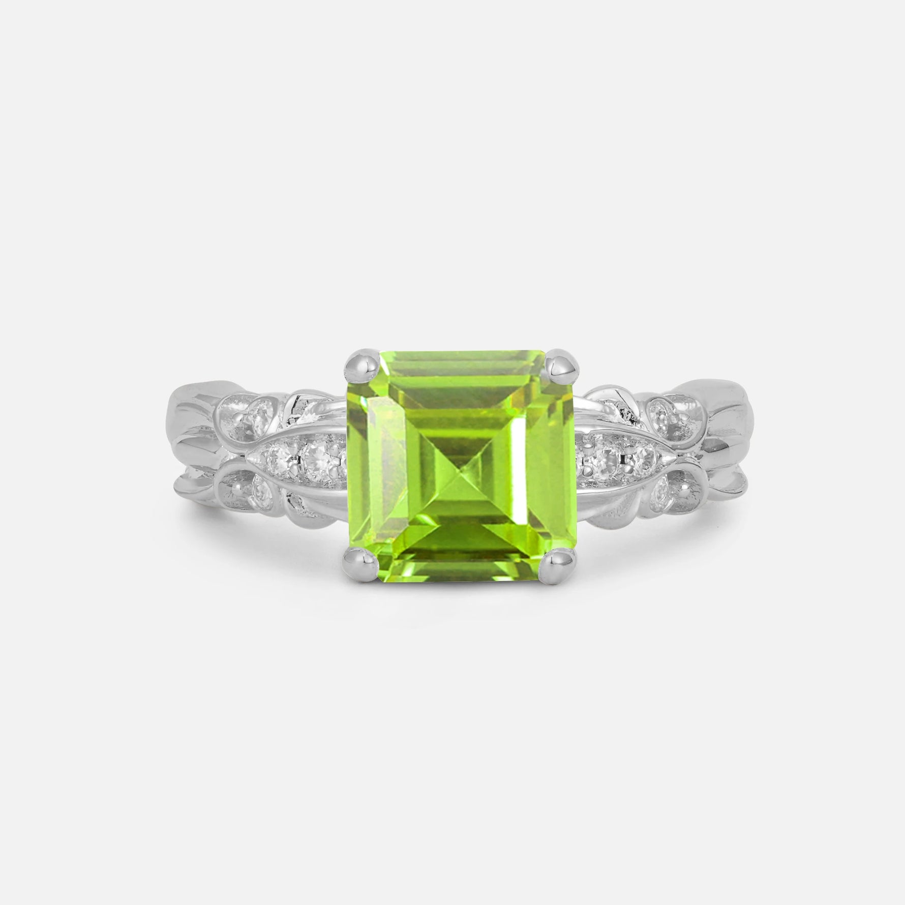 Emerald Cut Peridot Engagement Ring with Floral Vine Side Stones - Additional view