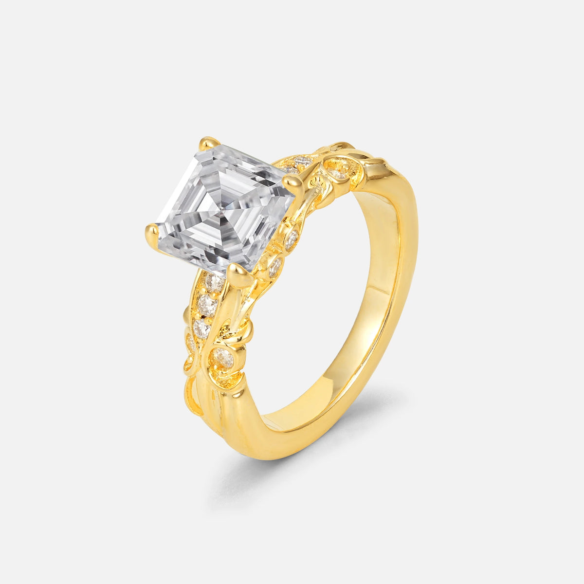 Emerald Cut Moissanite Engagement Ring with Floral Vine Side Stones - Additional view