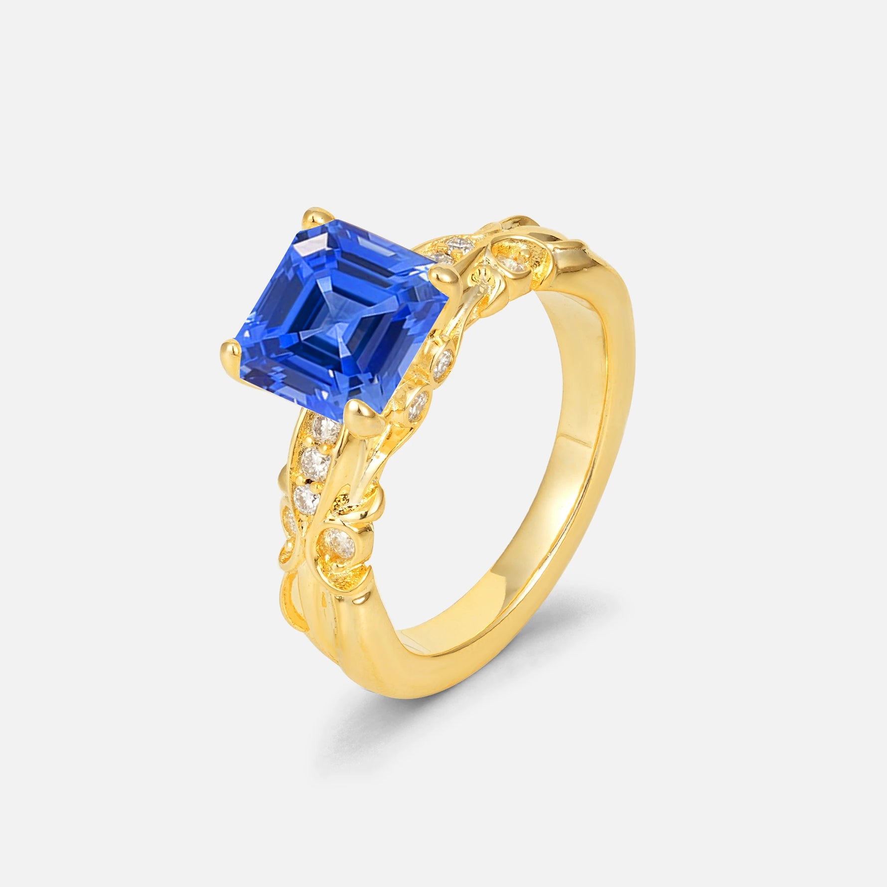 Emerald Cut Sapphire Engagement Ring with Floral Vine Side Stones - Additional view