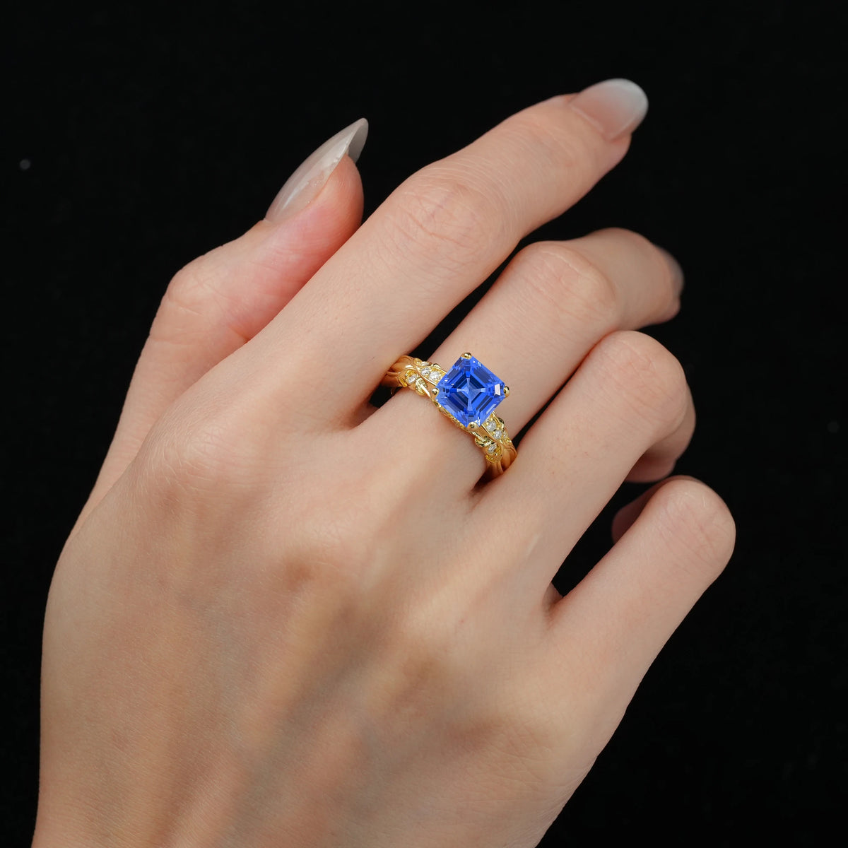 Emerald Cut Sapphire Engagement Ring with Floral Vine Side Stones - Additional view
