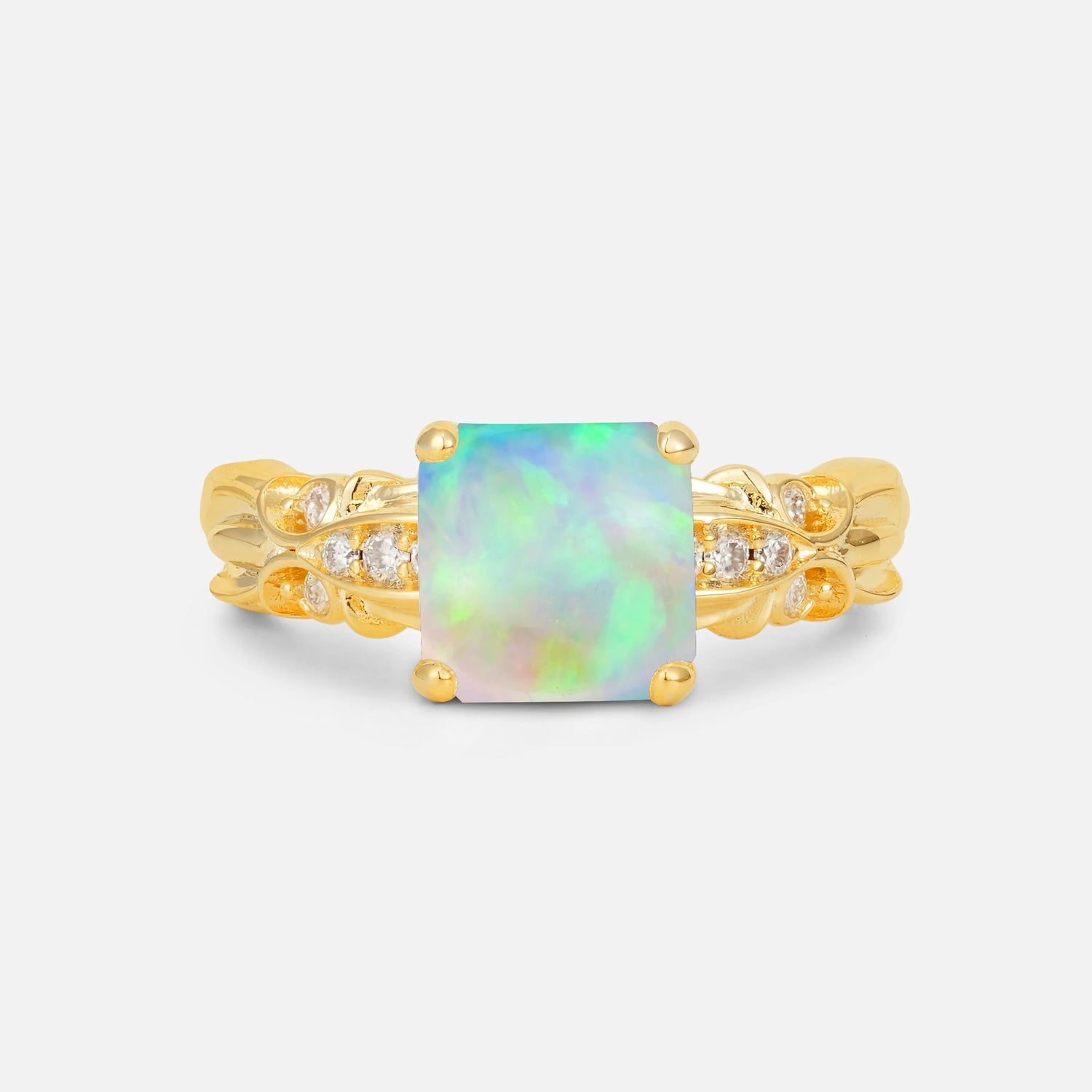Emerald Cut Fire Opal Engagement Ring with Floral Vine Side Stones - Additional view