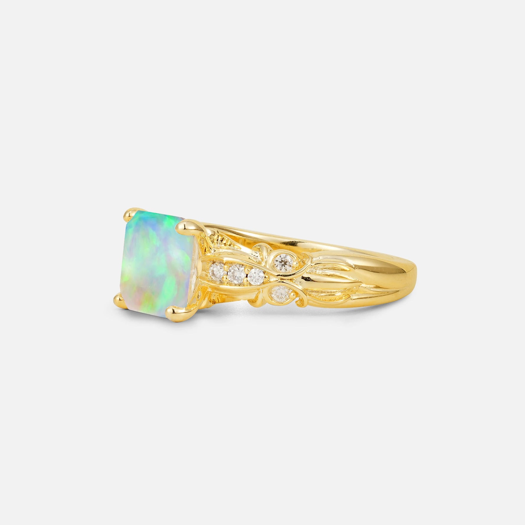 Emerald Cut Fire Opal Engagement Ring with Floral Vine Side Stones - Additional view
