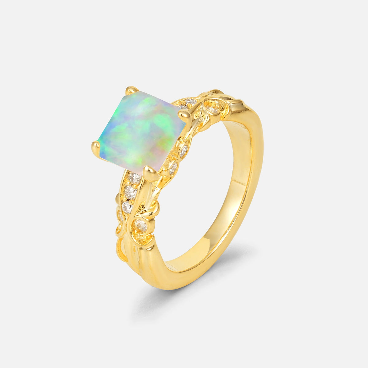 Emerald Cut Fire Opal Engagement Ring with Floral Vine Side Stones - Additional view