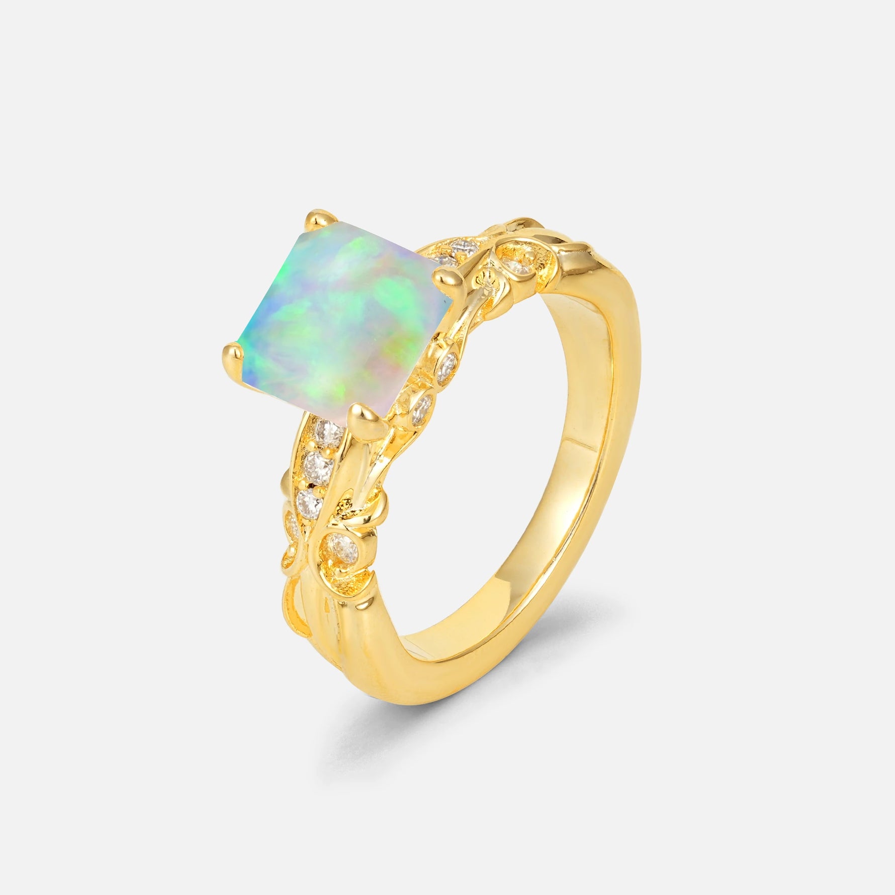 Emerald Cut Fire Opal Engagement Ring with Floral Vine Side Stones - Additional view