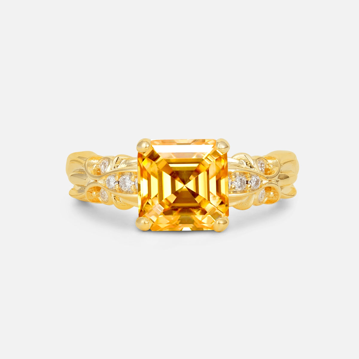 Emerald Cut Citrine Engagement Ring with Floral Vine Side Stones - Additional view