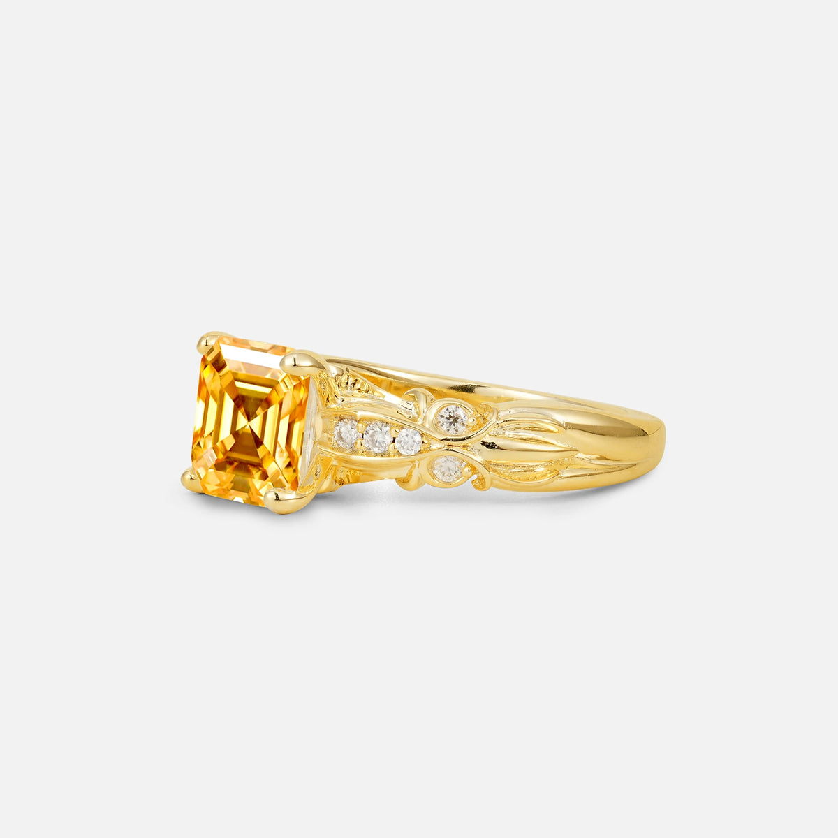 Emerald Cut Citrine Engagement Ring with Floral Vine Side Stones - Additional view