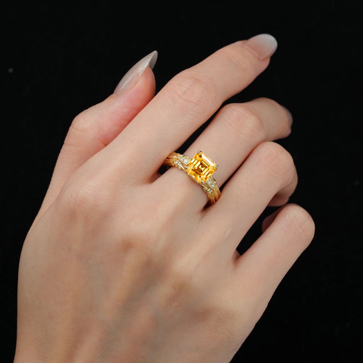 Emerald Cut Citrine Engagement Ring with Floral Vine Side Stones - Additional view