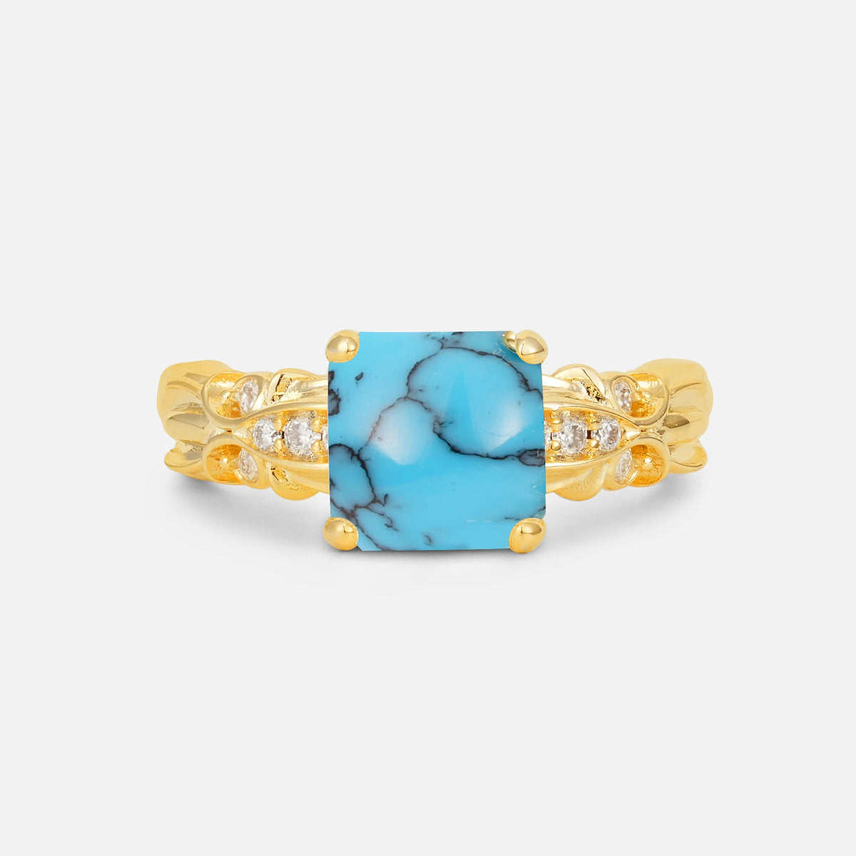 Emerald Cut Turquoise Engagement Ring with Floral Vine Side Stones - Additional view