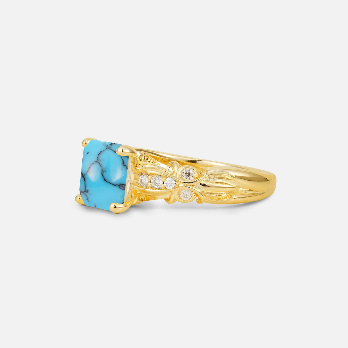 Emerald Cut Turquoise Engagement Ring with Floral Vine Side Stones - Additional view