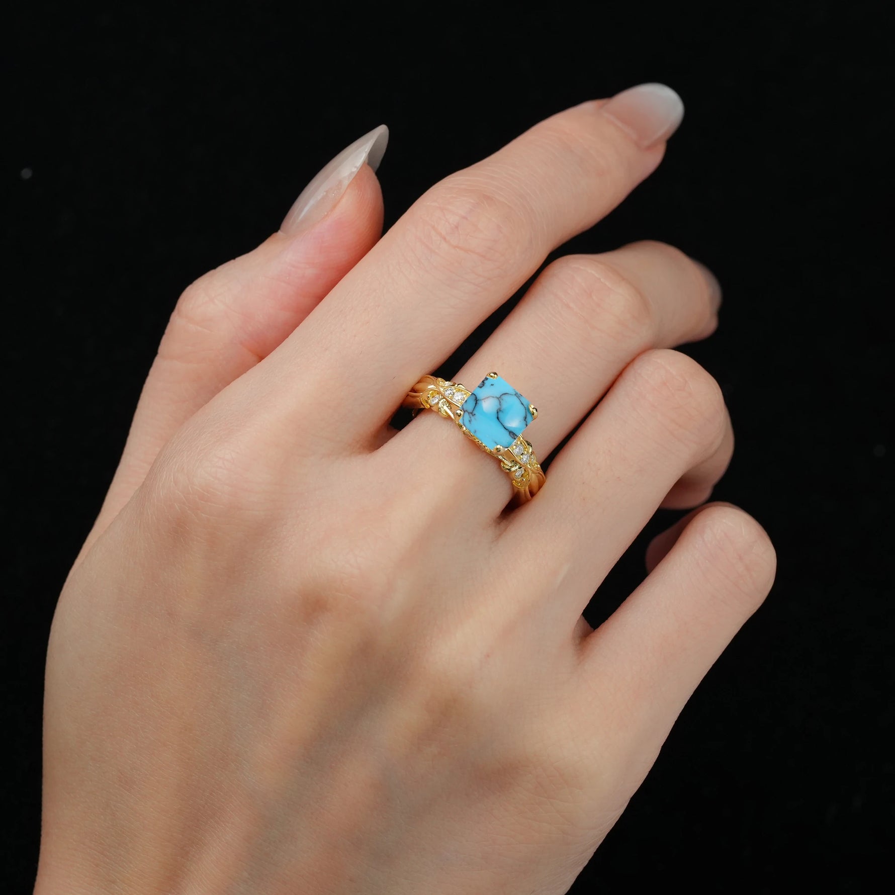 Emerald Cut Turquoise Engagement Ring with Floral Vine Side Stones - Additional view