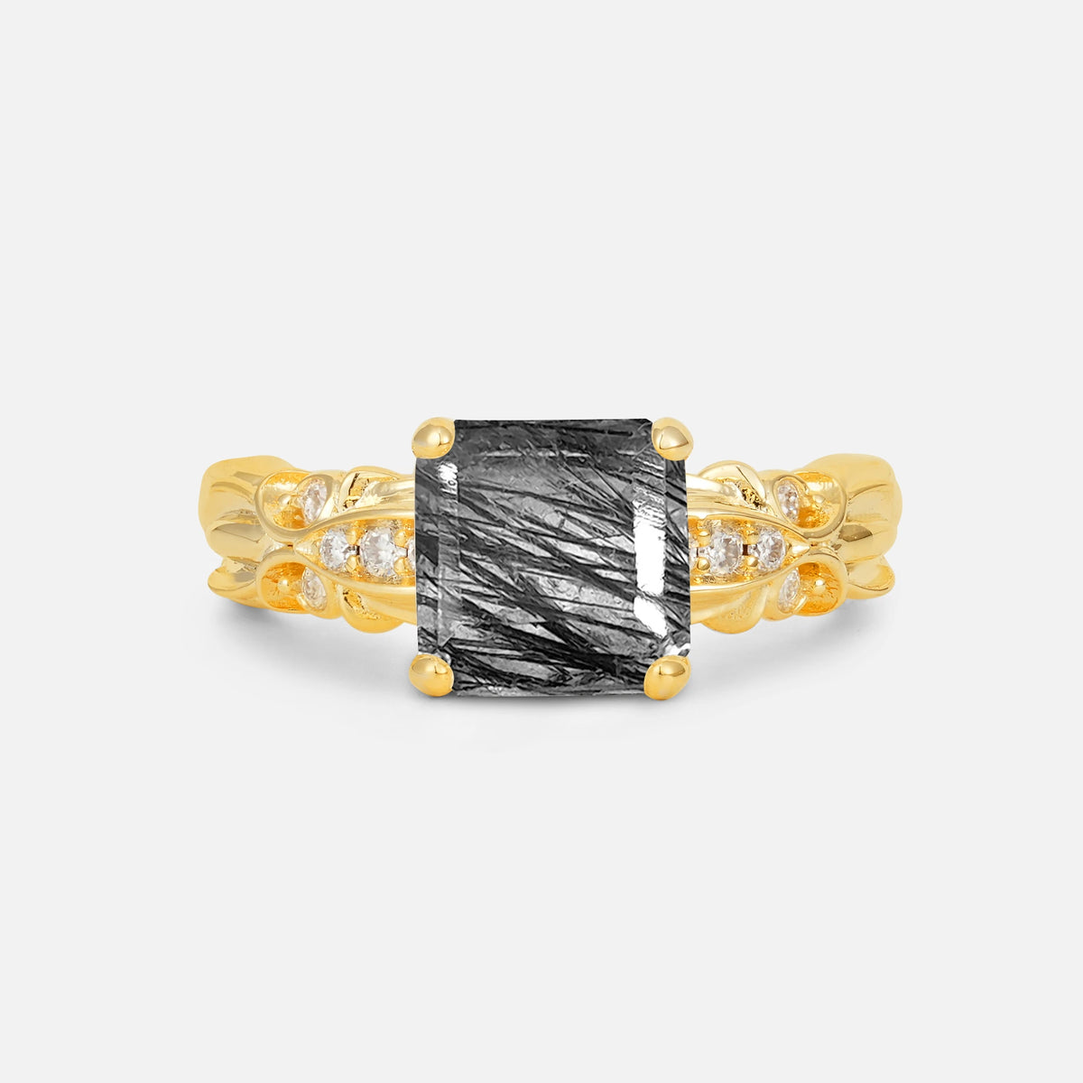 Emerald Cut Black Rutilated Quartz Engagement Ring with Floral Vine Side Stones - Additional view