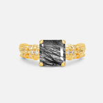 Emerald Cut Black Rutilated Quartz Engagement Ring with Floral Vine Side Stones - Additional view