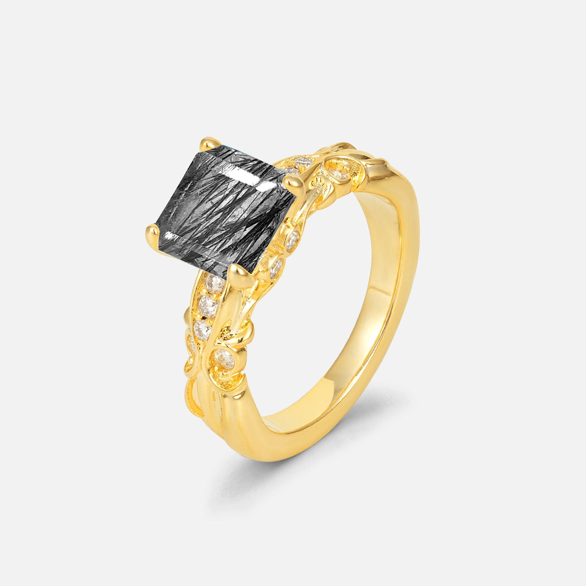 Emerald Cut Black Rutilated Quartz Engagement Ring with Floral Vine Side Stones - Additional view