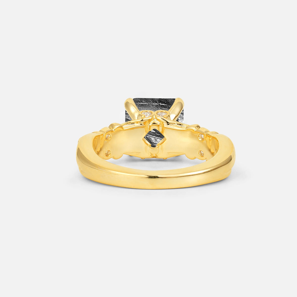 Emerald Cut Black Rutilated Quartz Engagement Ring with Floral Vine Side Stones - Additional view