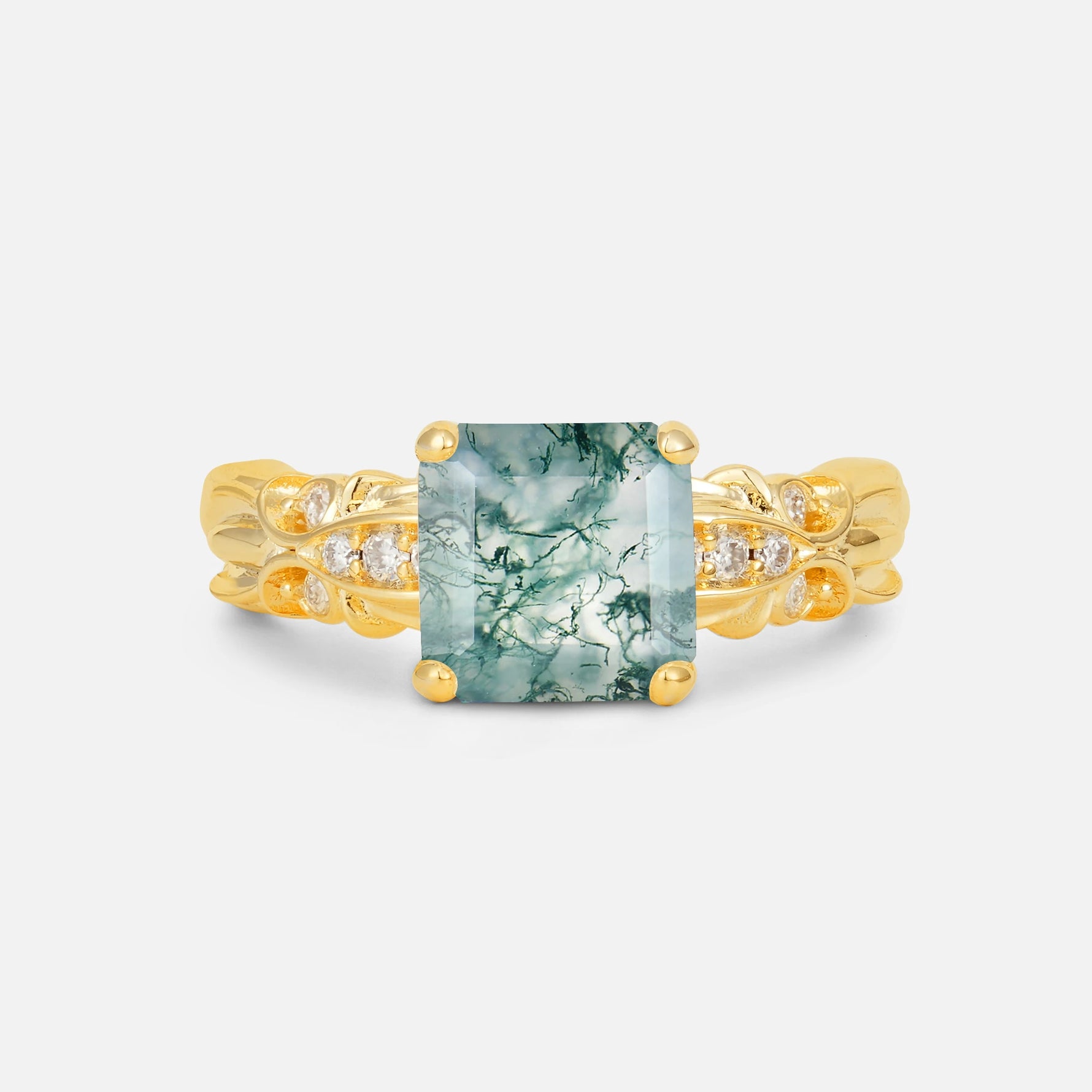 Emerald Cut Moss Agate Engagement Ring with Floral Vine Side Stones - Additional view