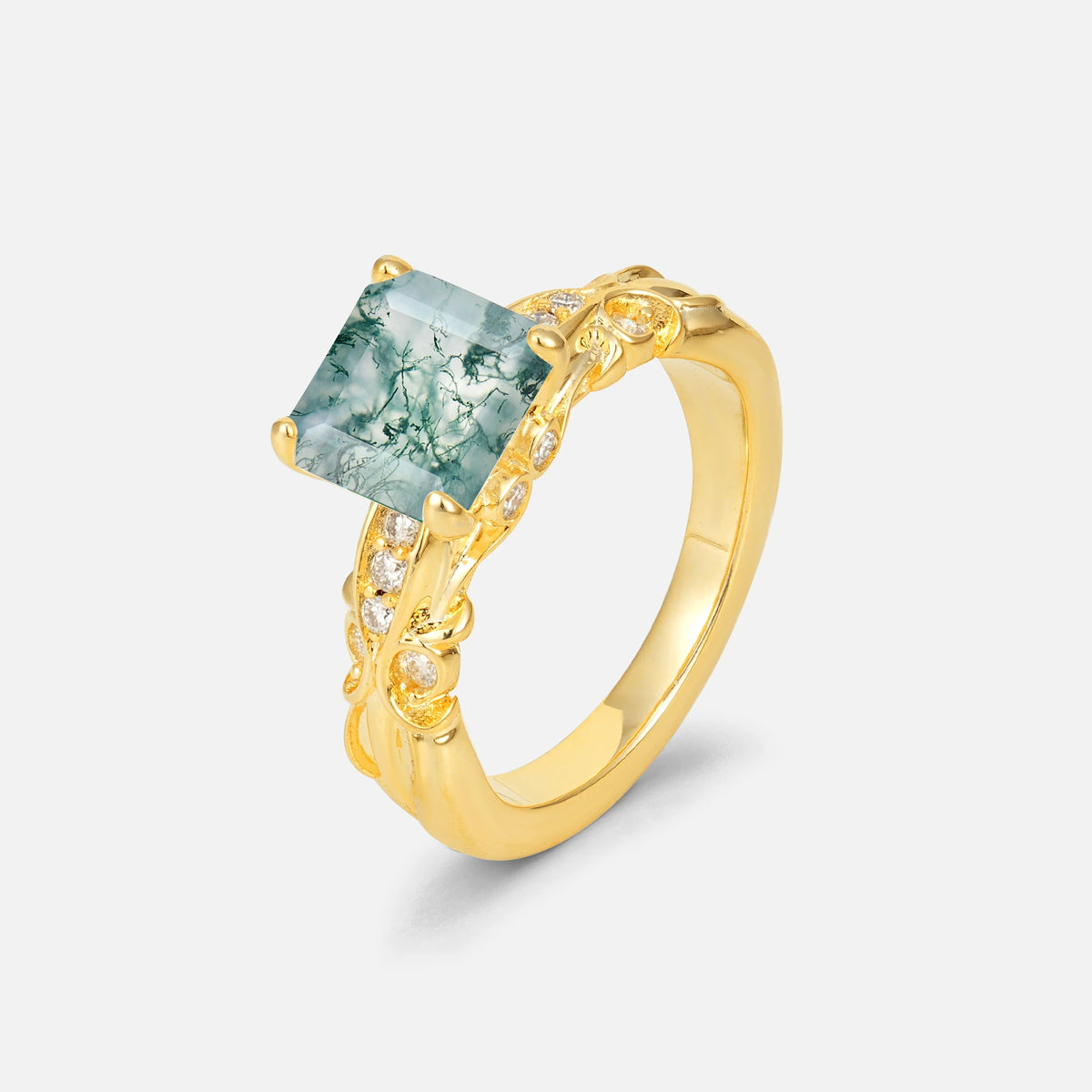 Emerald Cut Moss Agate Engagement Ring with Floral Vine Side Stones - Additional view