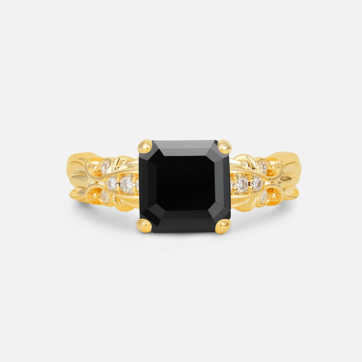 Emerald Cut Black Onyx Engagement Ring with Floral Vine Side Stones - Additional view