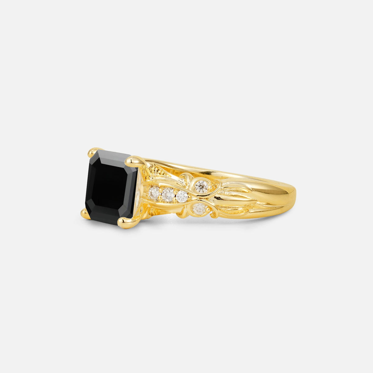 Emerald Cut Black Onyx Engagement Ring with Floral Vine Side Stones - Additional view
