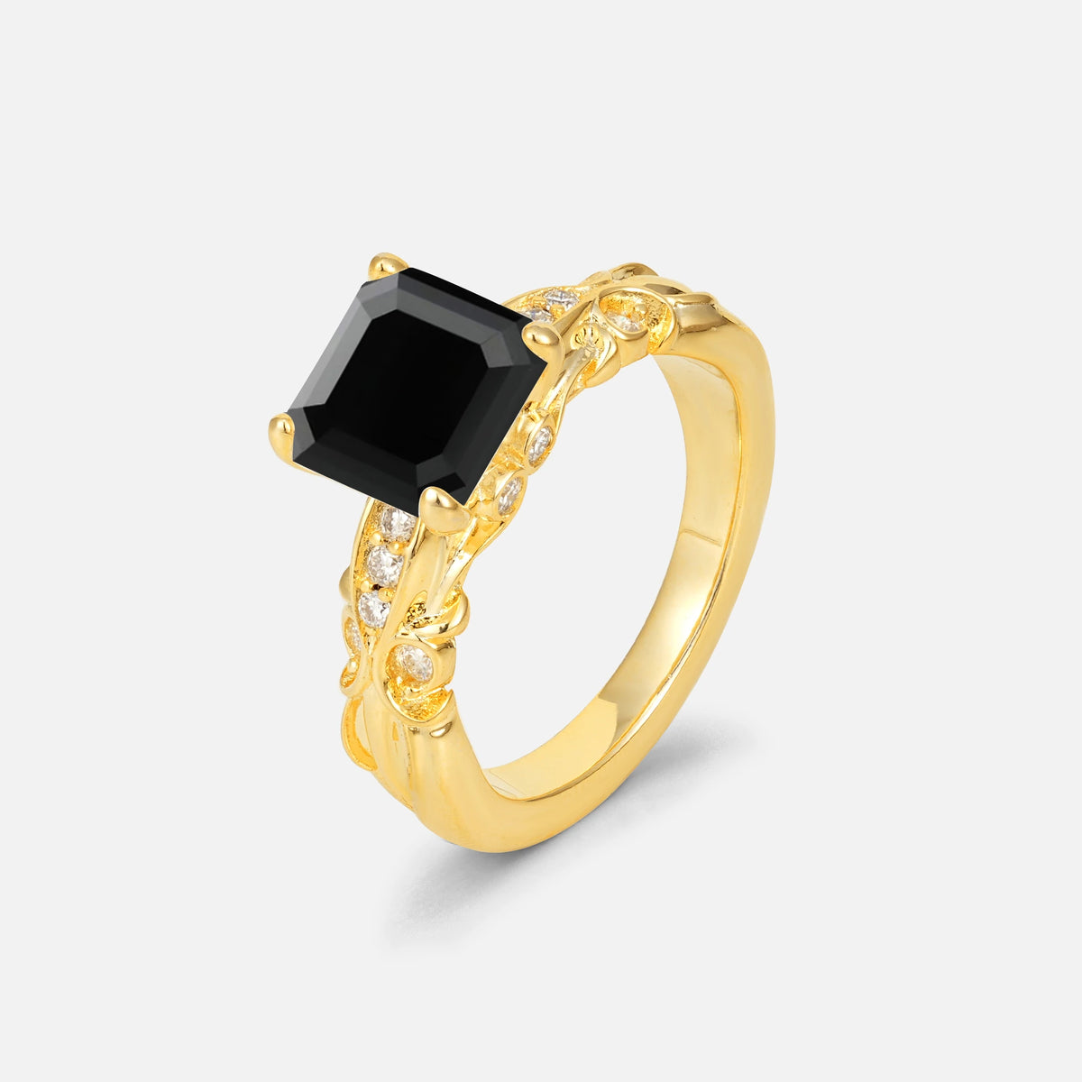 Emerald Cut Black Onyx Engagement Ring with Floral Vine Side Stones - Additional view