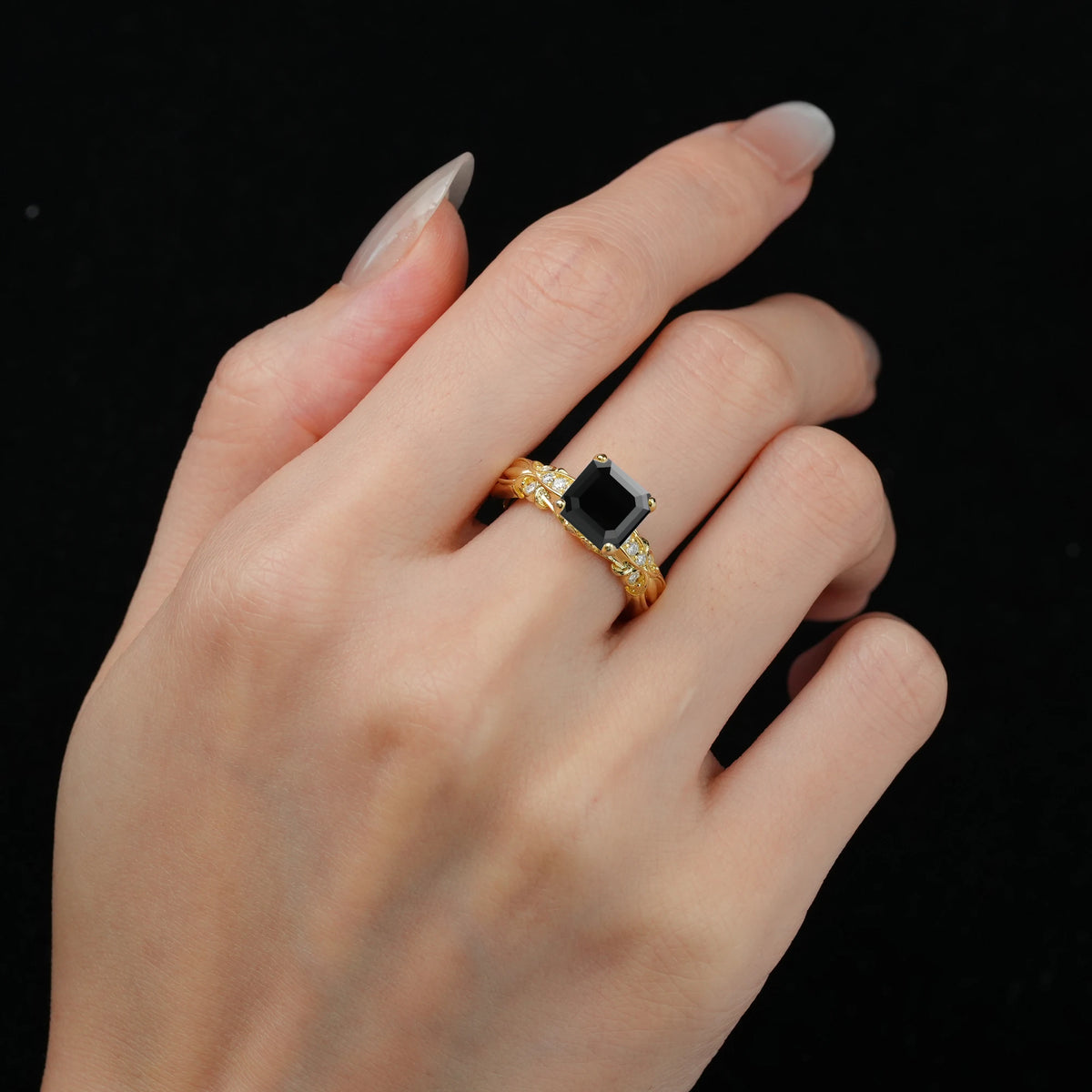 Emerald Cut Black Onyx Engagement Ring with Floral Vine Side Stones - Additional view