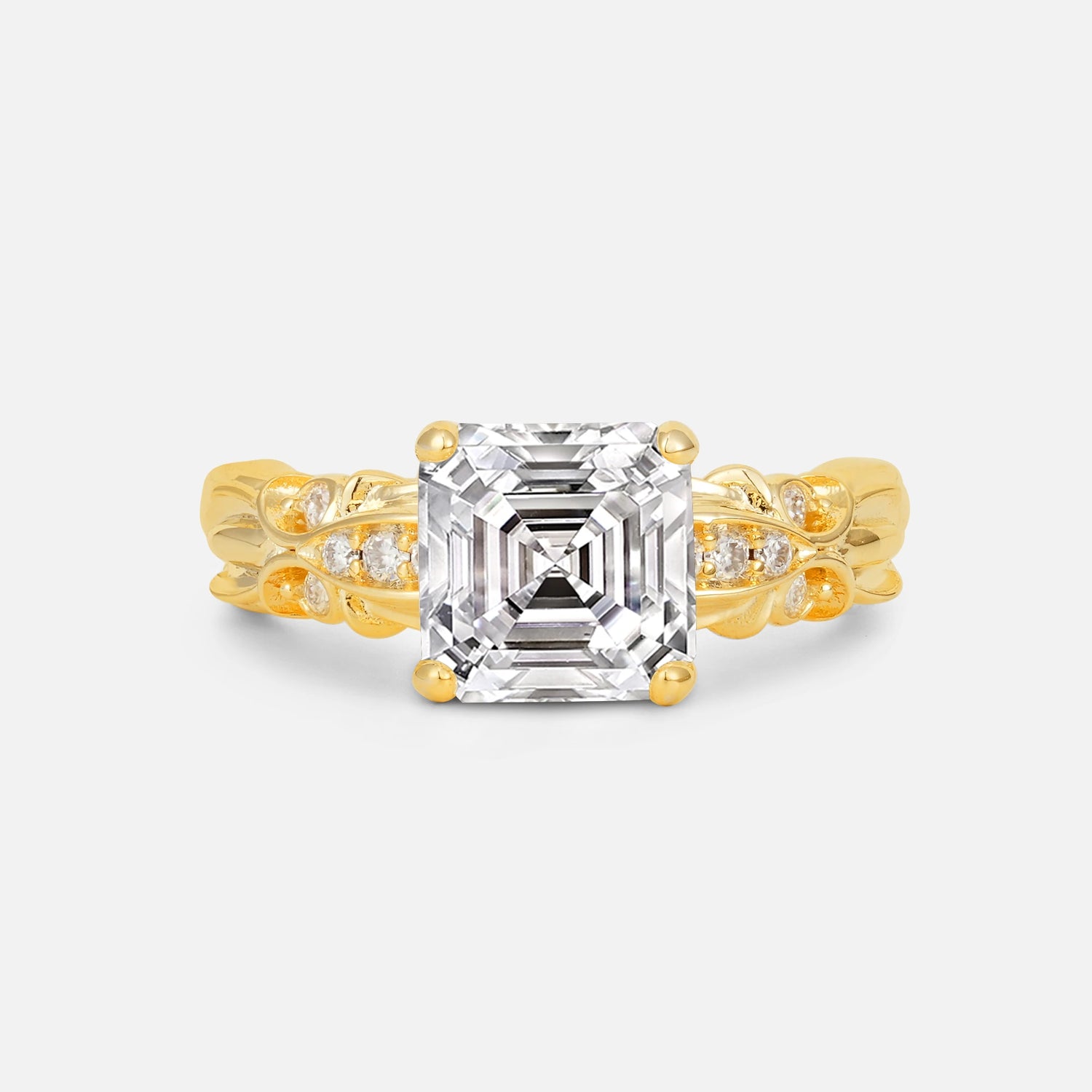 Emerald Cut Lab Diamond Engagement Ring with Floral Vine Side Stones - Additional view