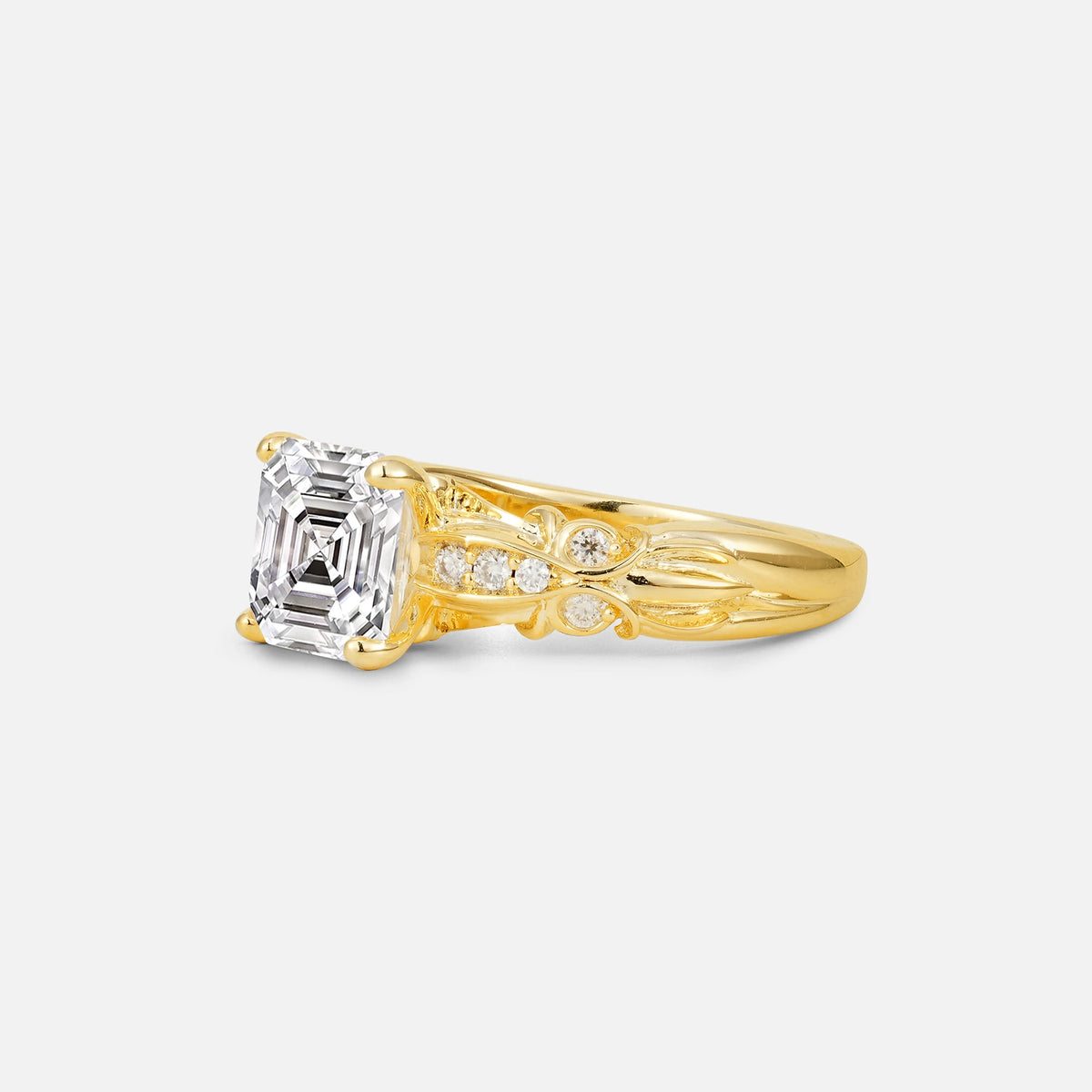 Emerald Cut Lab Diamond Engagement Ring with Floral Vine Side Stones - Additional view