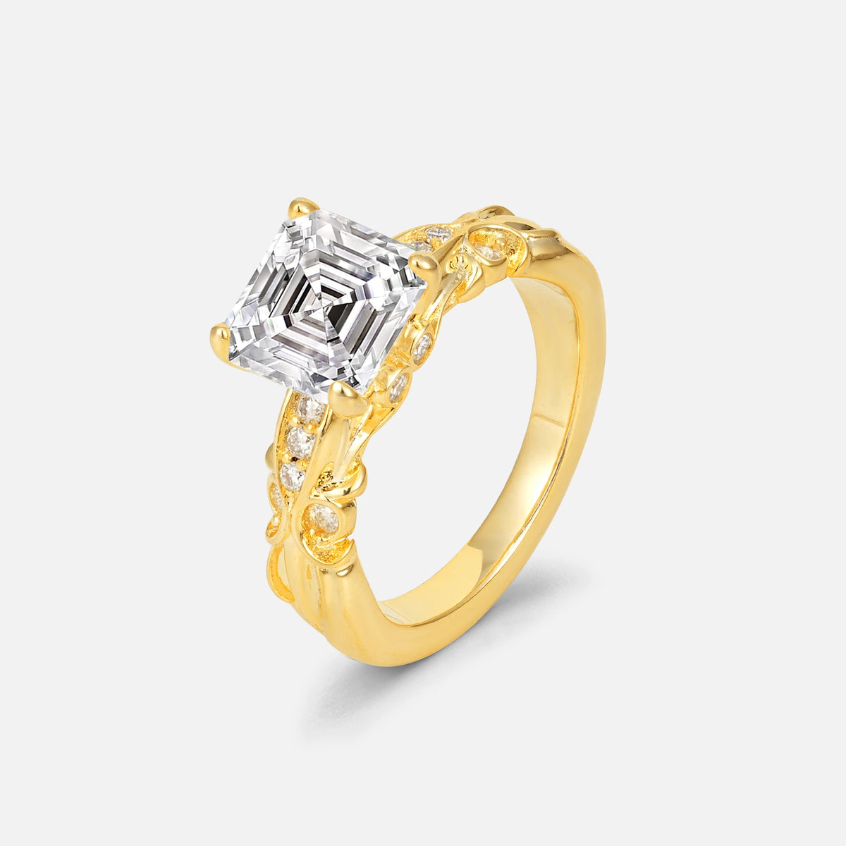 Emerald Cut Lab Diamond Engagement Ring with Floral Vine Side Stones - Additional view