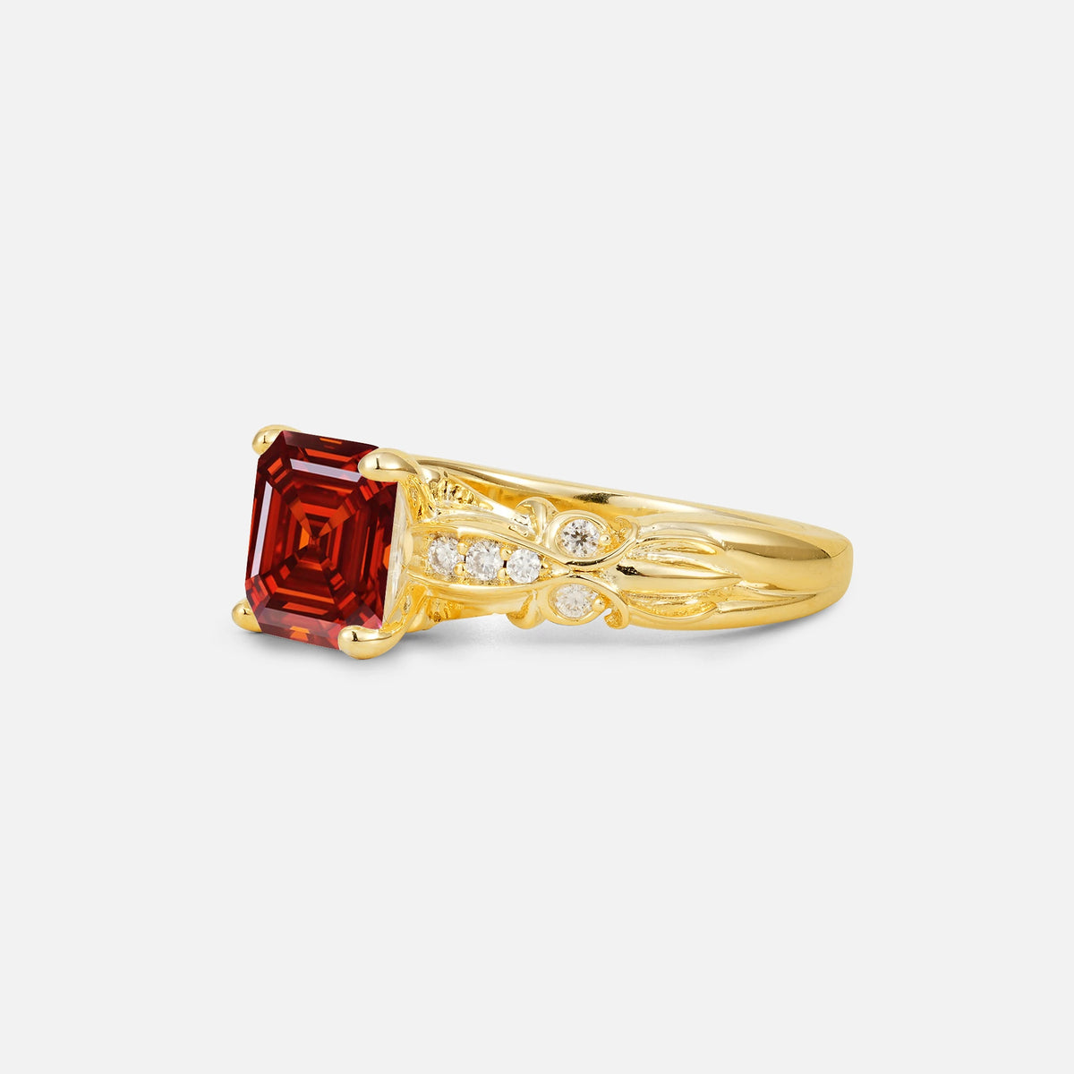 Emerald Cut Garnet Engagement Ring with Floral Vine Side Stones - Additional view