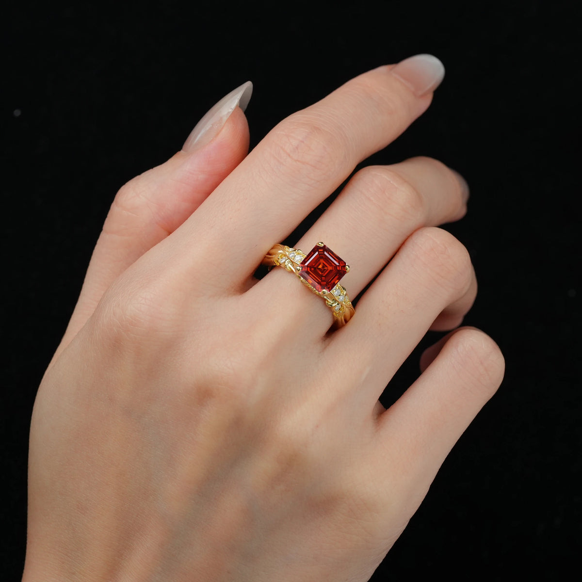 Emerald Cut Garnet Engagement Ring with Floral Vine Side Stones - Additional view