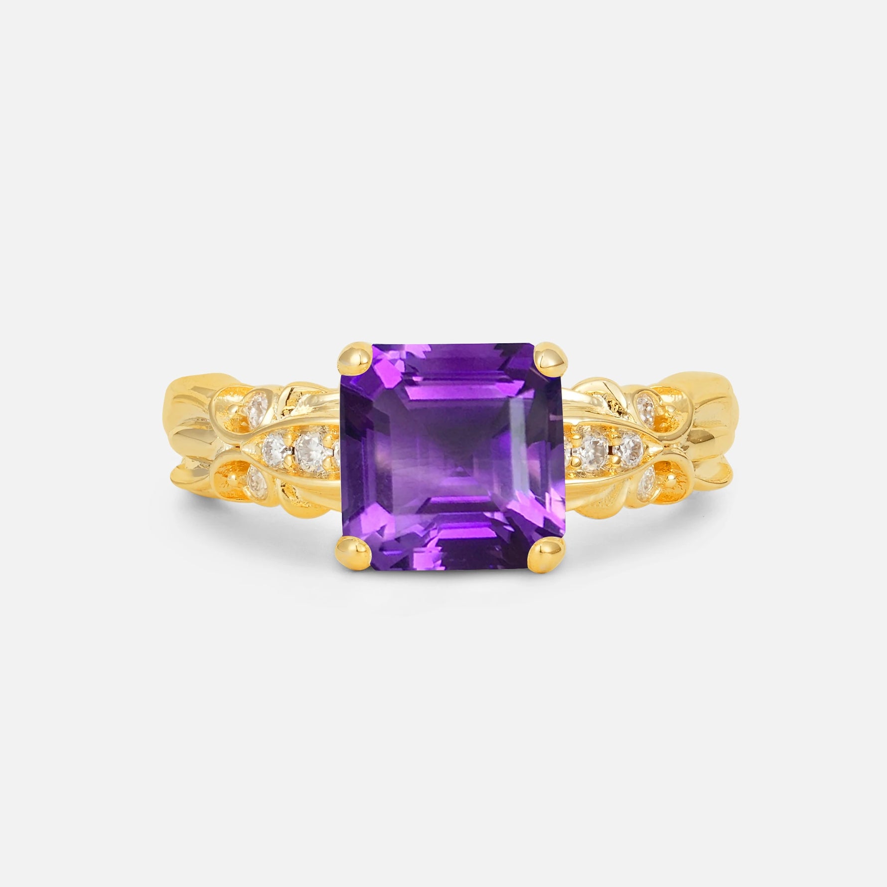 Emerald Cut Amethyst Engagement Ring with Floral Vine Side Stones - Additional view