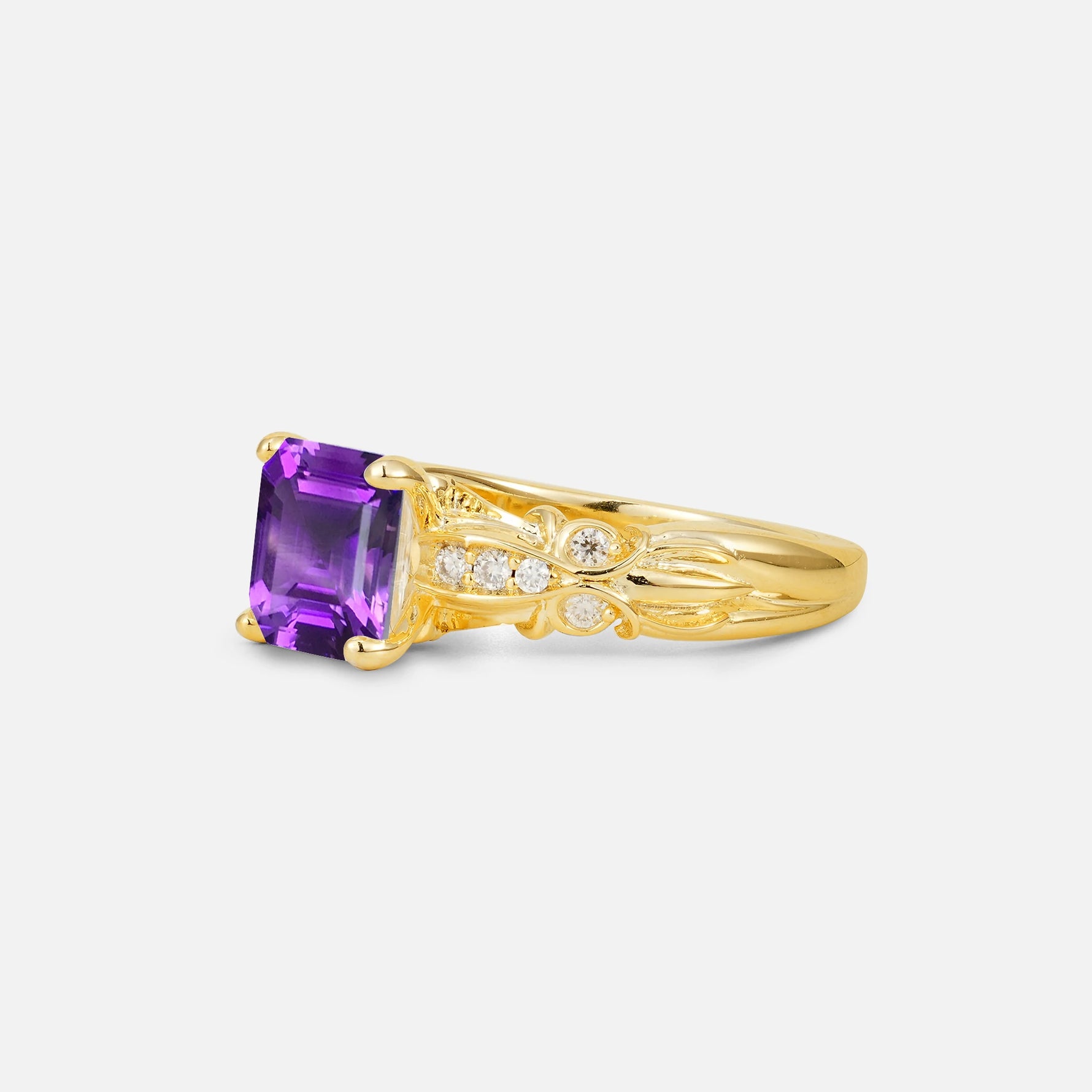 Emerald Cut Amethyst Engagement Ring with Floral Vine Side Stones - Additional view