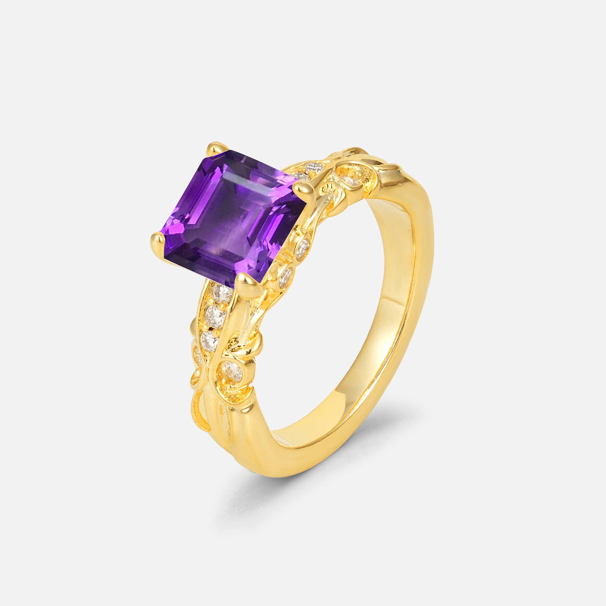 Emerald Cut Amethyst Engagement Ring with Floral Vine Side Stones - Additional view