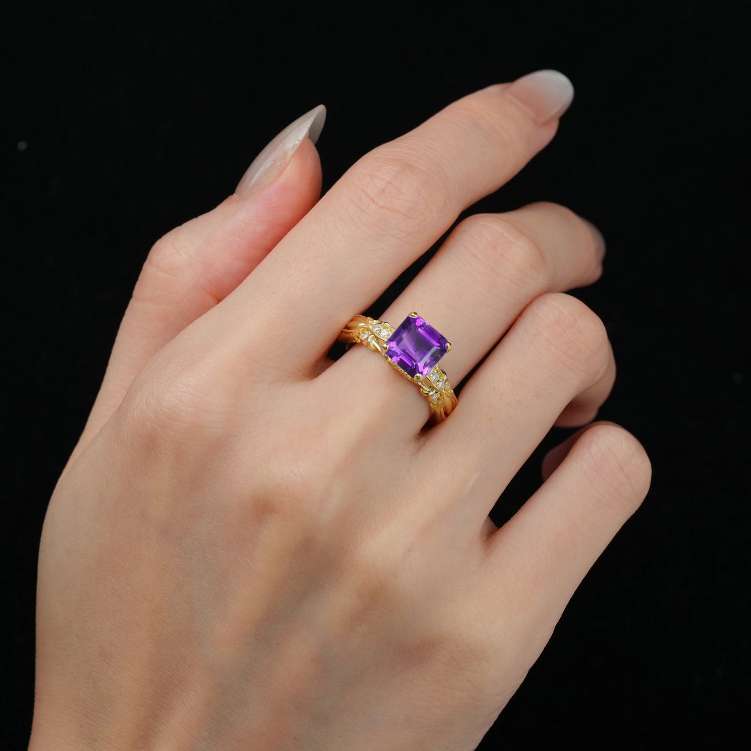 Emerald Cut Amethyst Engagement Ring with Floral Vine Side Stones - Additional view