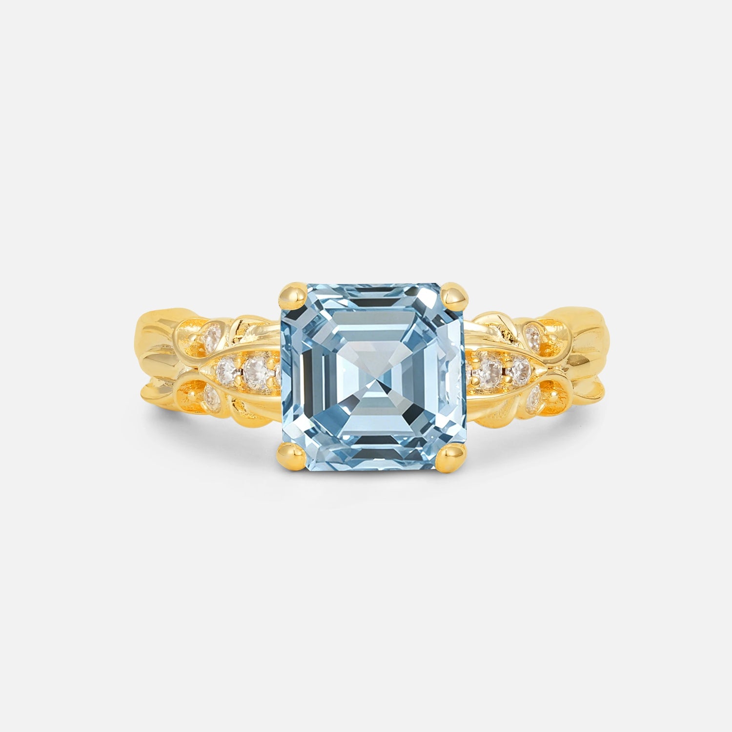 Emerald Cut Aquamarine Engagement Ring with Floral Vine Side Stones - Additional view