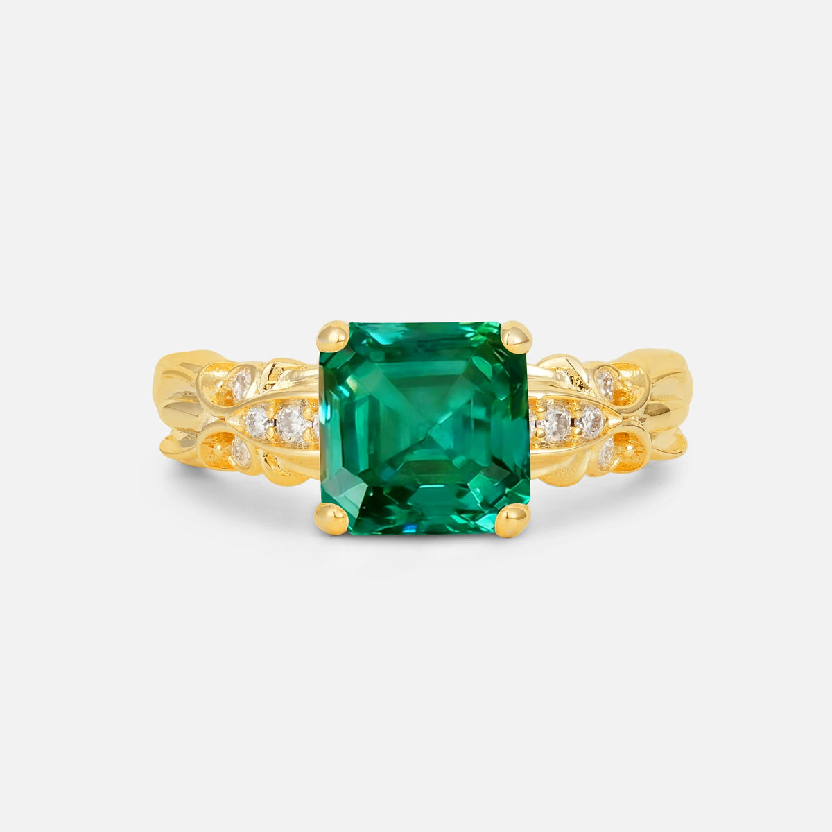 Emerald Cut Emerald Engagement Ring with Floral Vine Side Stones - Additional view