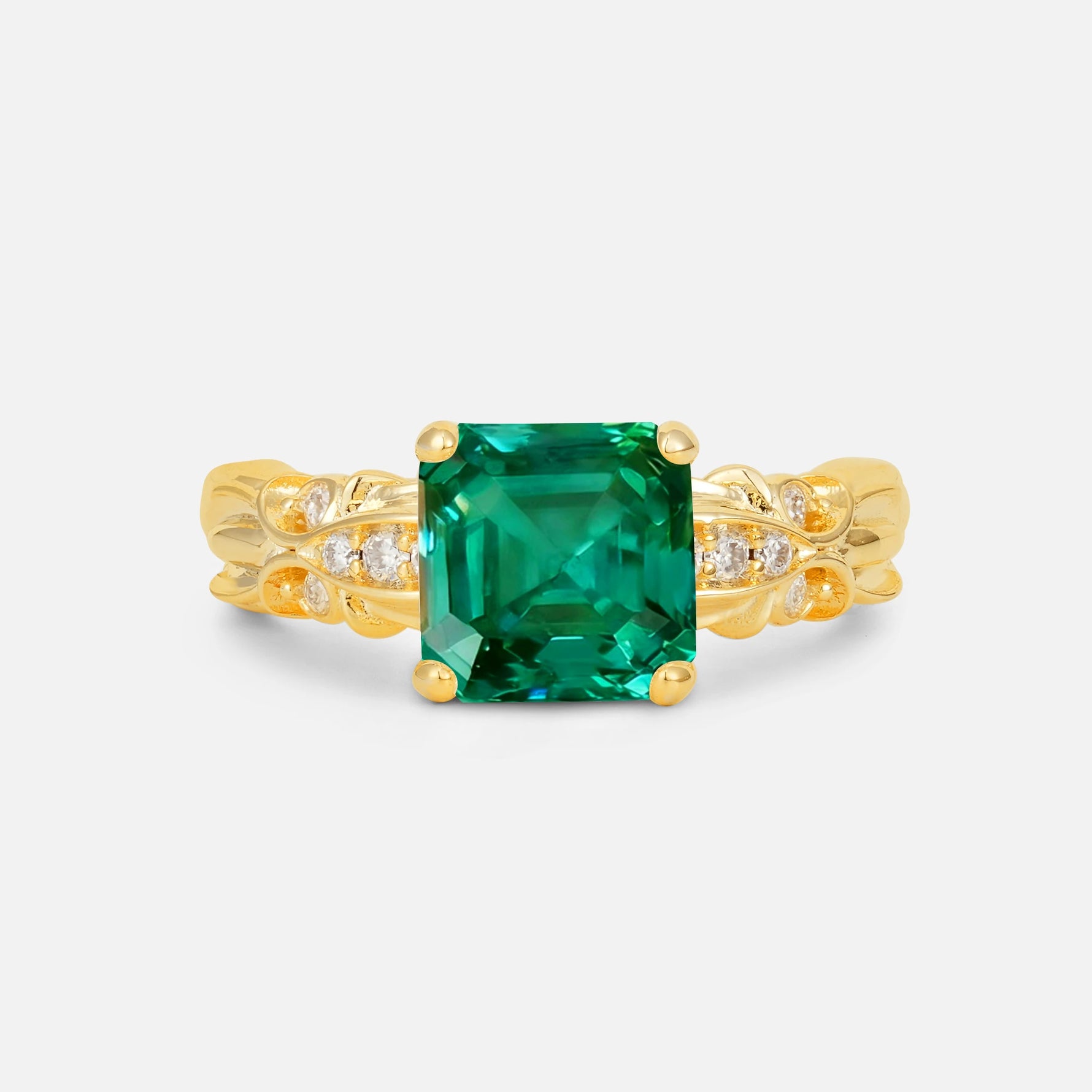 Emerald Cut Emerald Engagement Ring with Floral Vine Side Stones - Additional view