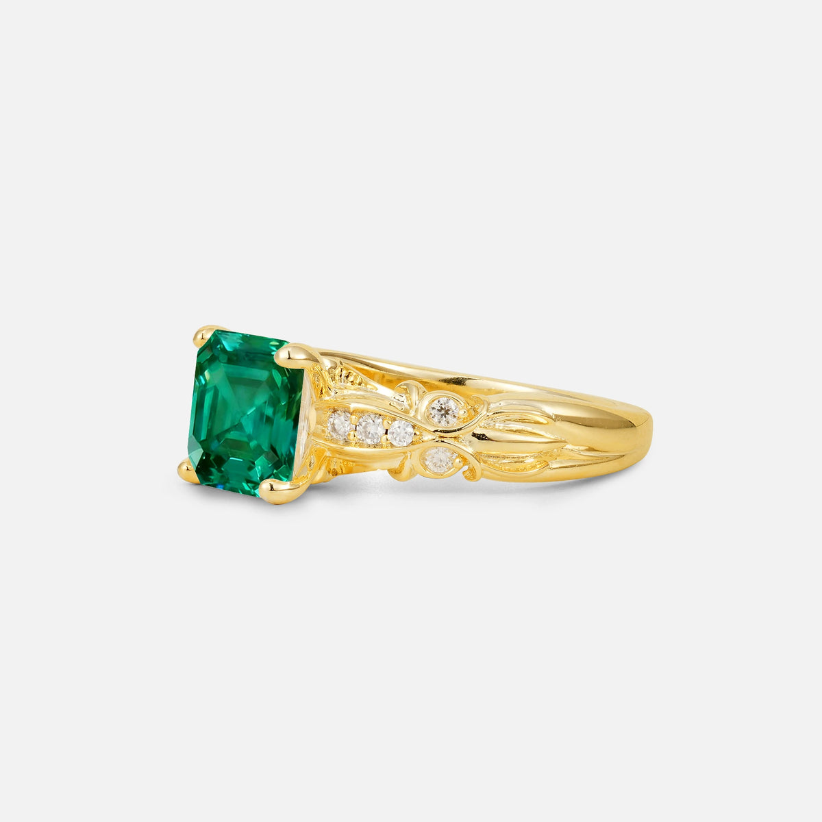 Emerald Cut Emerald Engagement Ring with Floral Vine Side Stones - Additional view