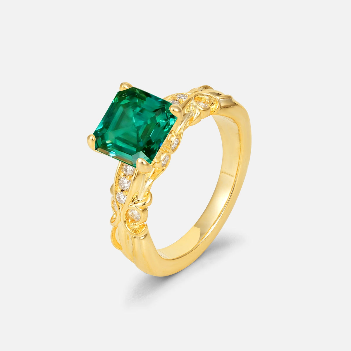 Emerald Cut Emerald Engagement Ring with Floral Vine Side Stones - Additional view