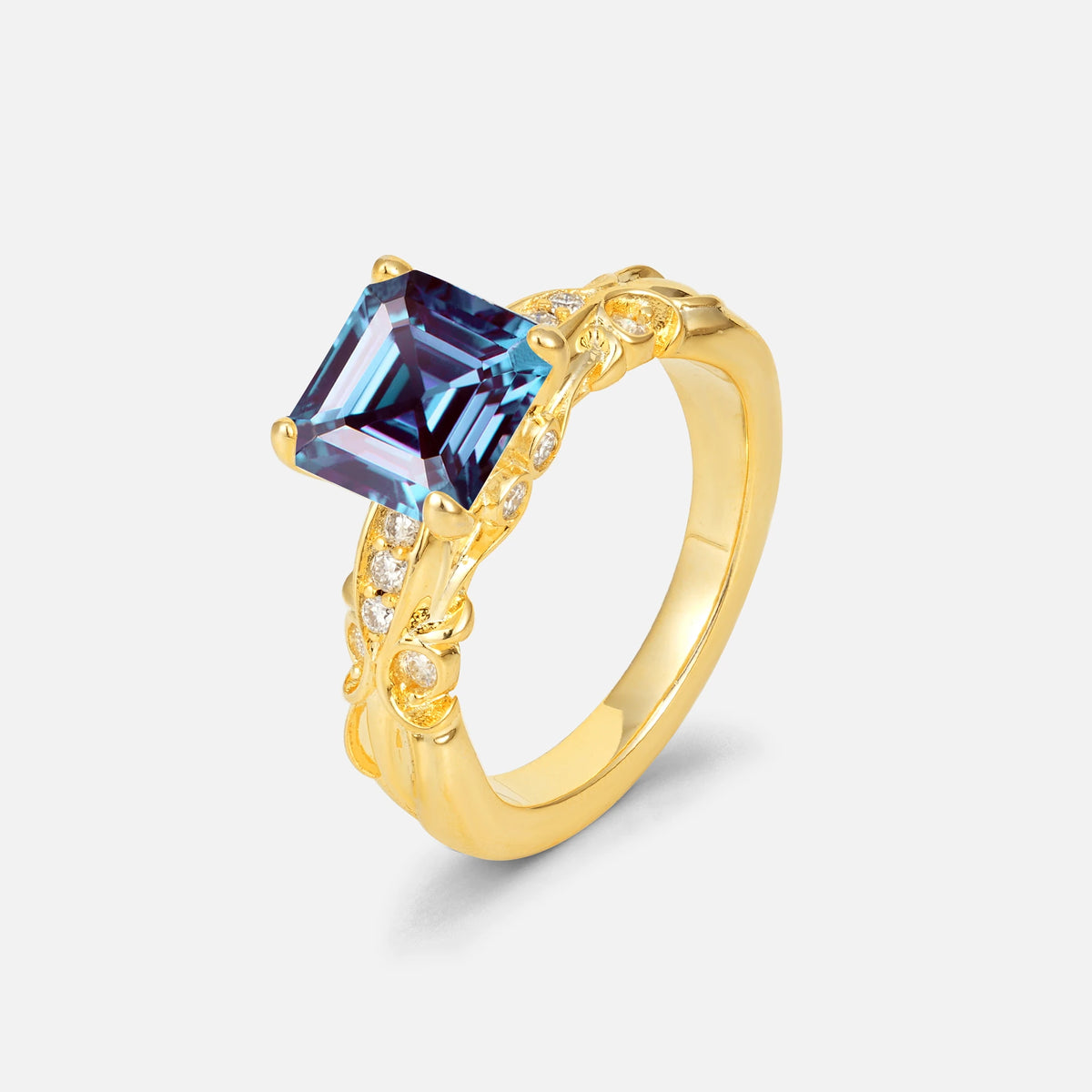 Emerald Cut Alexandrite Engagement Ring with Floral Vine Side Stones - Additional view