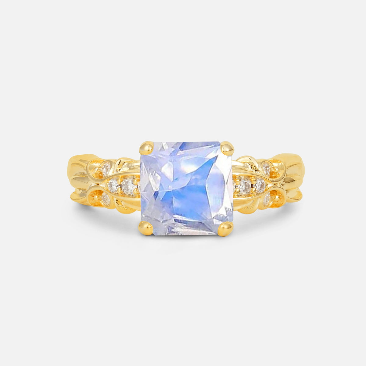 Emerald Cut Moonstone Engagement Ring with Floral Vine Side Stones - Additional view