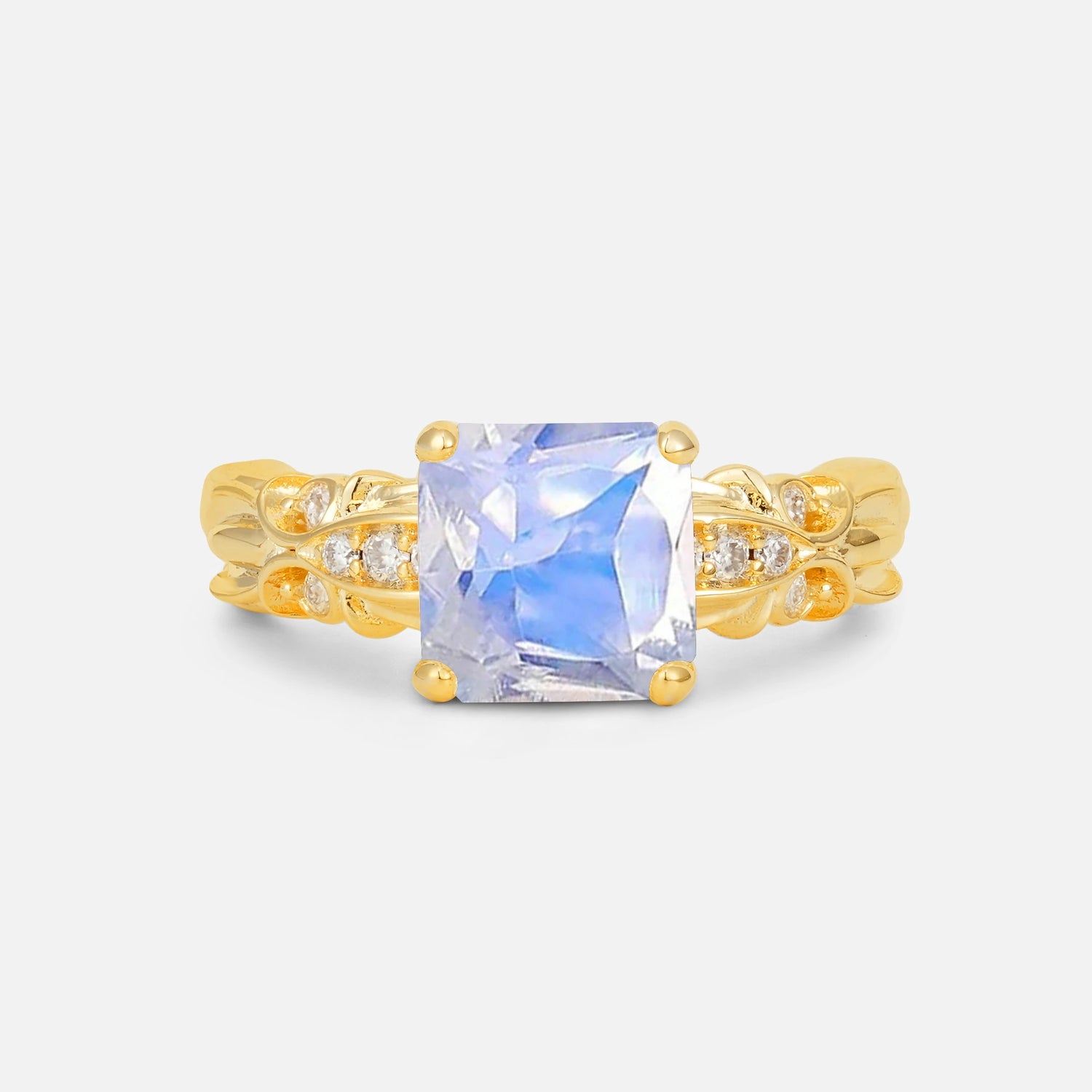 Emerald Cut Moonstone Engagement Ring with Floral Vine Side Stones - Additional view